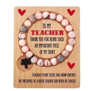 Teacher Appreciation Natural Pink Stone Beaded Bracelet with Puzzle Piece Charm